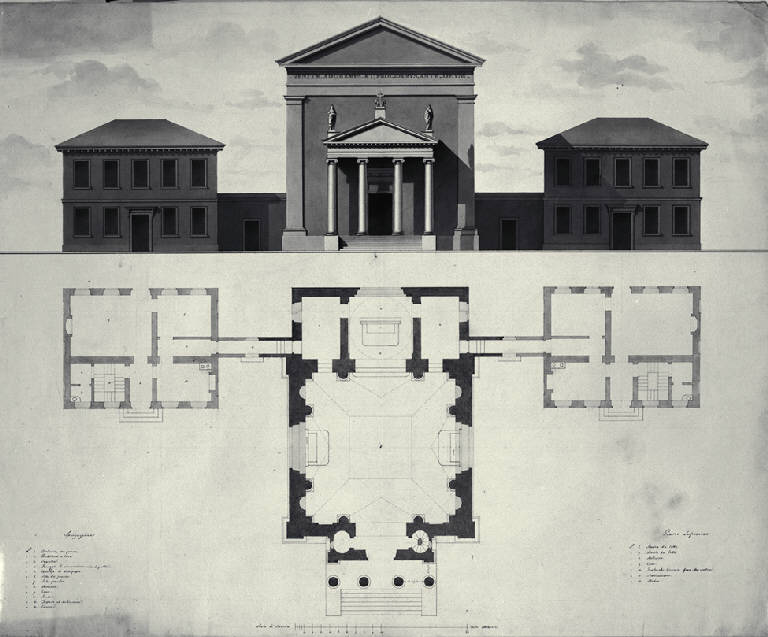 Pianta e prospetto dell'oratorio Milesi sul Lago Maggiore (disegno) di Amati, Carlo (sec. XIX)