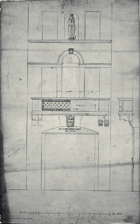 Prospetto della facciata della Drogheria di Giovanni Battista Amati a Milano (già Contrada del Carrobbio 3455-3456) (disegno) di Amati, Carlo (sec. XIX)