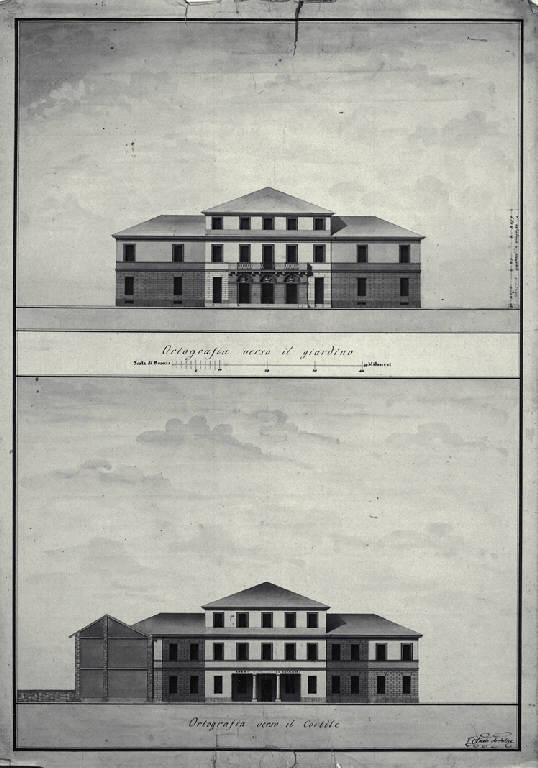 Prospetti verso il giardino e verso il cortile del primo progetto della Villa Casnati a Casnate (disegno) di Amati, Carlo (sec. XIX)