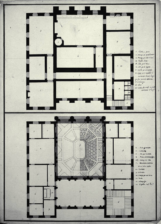 Piante del piano terreno e del primo piano di una villa a due piani (disegno) di Amati, Carlo (fine sec. XVIII)