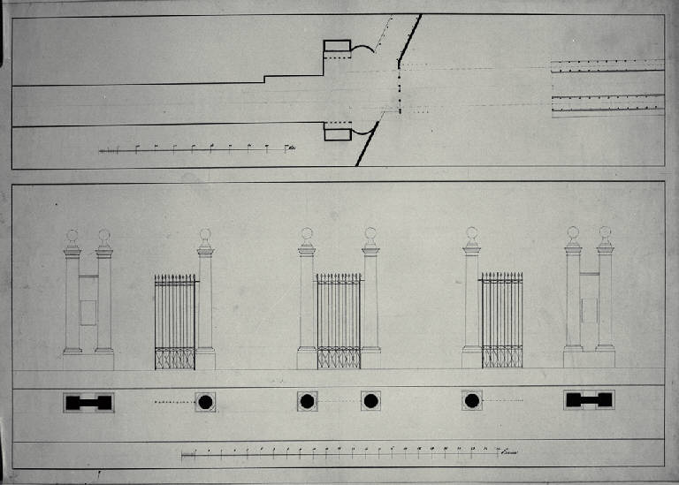 Pianta e prospetto dei cancelli di Porta S. Vito e del Dazio a Pavia (disegno) di Amati, Carlo (sec. XIX)