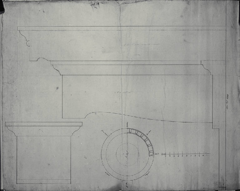 Pianta e particolare della trabeazione della Villa Durini (poi Frette) a Monza (disegno) di Amati, Carlo (sec. XIX)