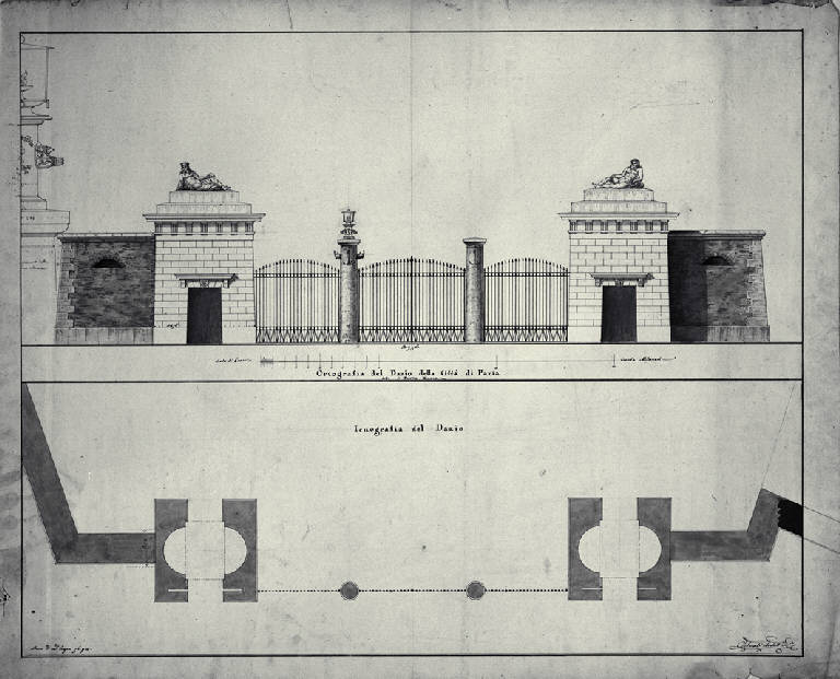 Pianta e prospetto della Porta S. Vito a Pavia (disegno) di Amati, Carlo (sec. XIX)