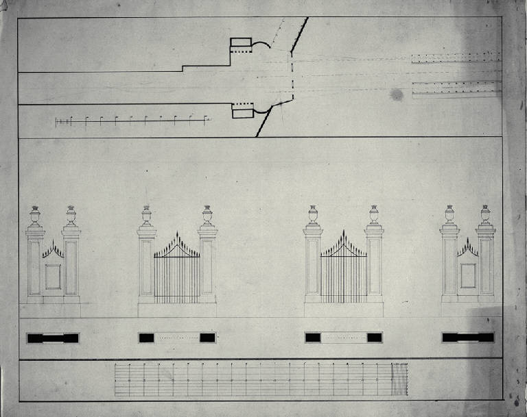 Pianta e prospetto dei cancelli del Dazio a Pavia (disegno) di Amati, Carlo (sec. XIX)