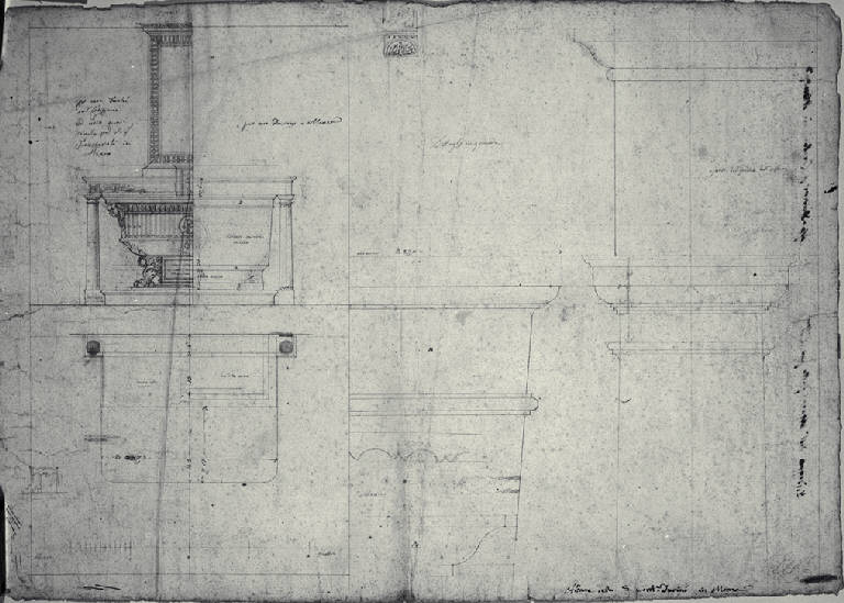 Pianta, prospetto e particolari di un altare nella Villa Durini (poi Frette) a Monza (disegno) di Amati, Carlo (sec. XIX)