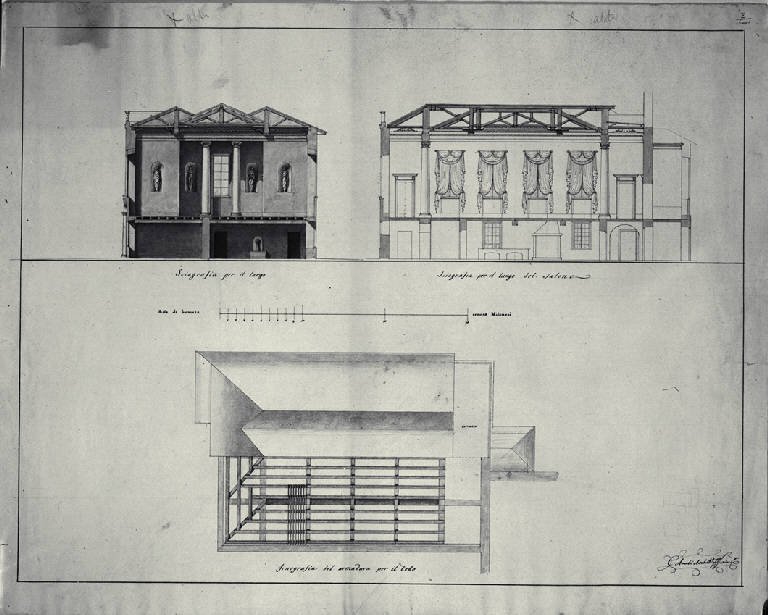 Sezione trasversale, longitudinale e armatura del tetto per il salone della Villa Archinto (Pennati) a Monza (disegno) di Amati, Carlo (sec. XIX)