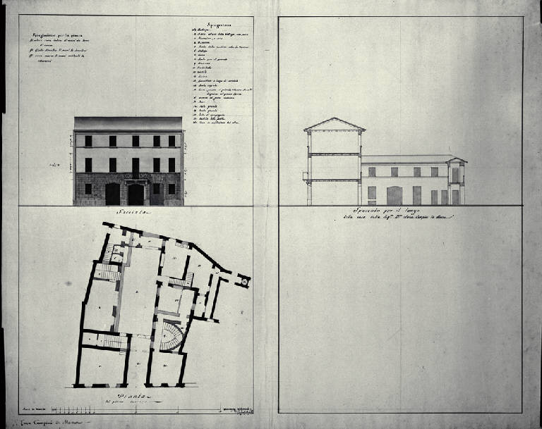 Pianta, prospetto e sezione della Casa Campini a Monza (disegno) di Amati, Carlo (sec. XIX)