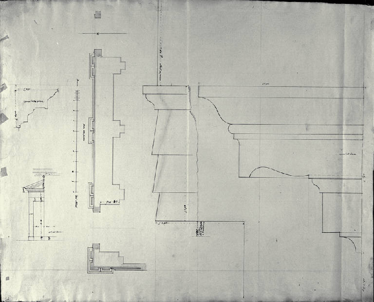 Pianta della fronte della chiesa di S. Maria presso S. Celso a Milano con prospetto di una portina interna e dettagli di modanature (disegno) di Amati, Carlo (sec. XIX)