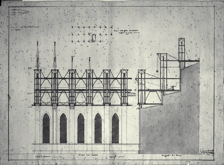 Pianta e prospetto per le armature delle guglie del Duomo di Milano (disegno) di Amati, Carlo (sec. XIX)