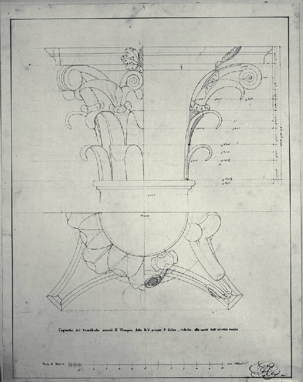 Pianta e prospetto del capitello del portico antistante la chiesa di S. Maria presso S. Celso a Milano (disegno) di Amati, Carlo (sec. XIX)