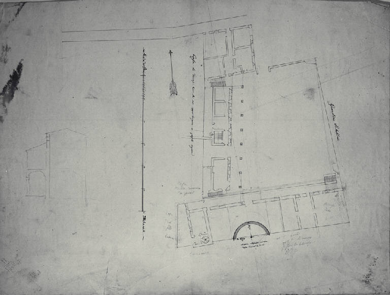 Pianta degli edifici limitrofi alla chiesa di S. Maria de' Servi a Milano (disegno) di Amati, Carlo (sec. XIX)