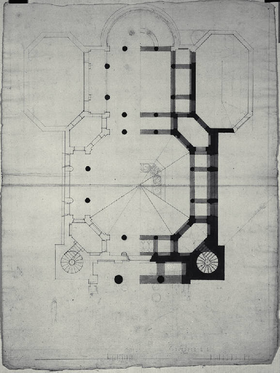 Pianta di chiesa con pronao ionico e torri laterali (disegno) di Amati, Carlo (fine sec. XVIII)