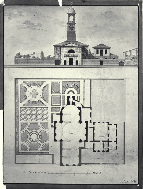 Pianta e prospetto di chiesa e casa parrocchiale (disegno) di Amati, Carlo (fine sec. XVIII)