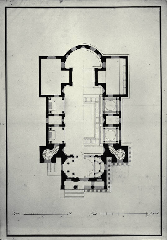 Pianta di chiesa con pronao dorico e torri laterali (disegno) di Amati, Carlo (fine sec. XVIII)