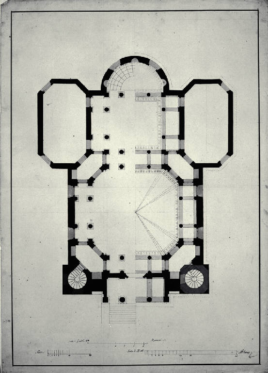 Pianta di chiesa con pronao ionico e torri laterali (disegno) di Amati, Carlo (fine sec. XVIII)