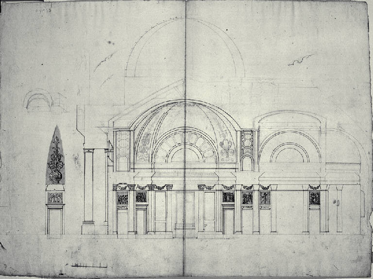 Sezione longitudinale di chiesa con pronao ionico e torri laterali (disegno) di Amati, Carlo (fine sec. XVIII)