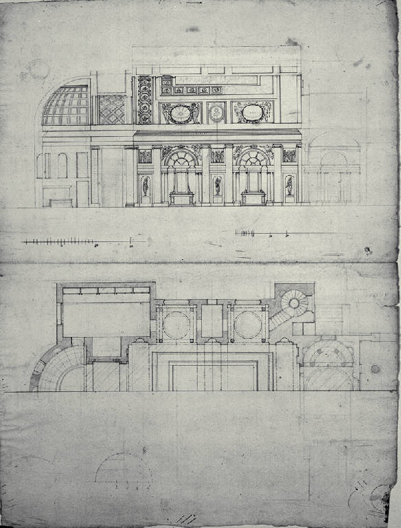 Pianta e sezione trasversale di chiesa con pronao dorico e torri laterali (disegno) di Amati, Carlo (fine sec. XVIII)