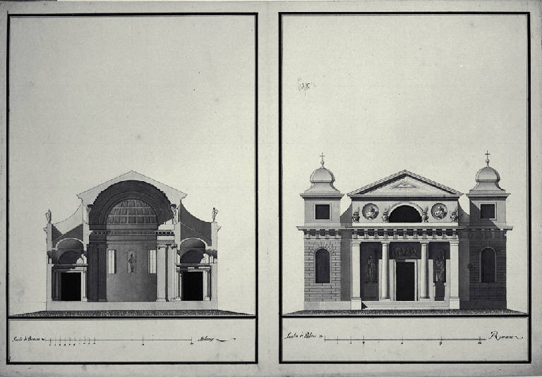 Prospetto e sezione trasversale di chiesa con pronao dorico e torri laterali (disegno) di Amati, Carlo (fine sec. XVIII)