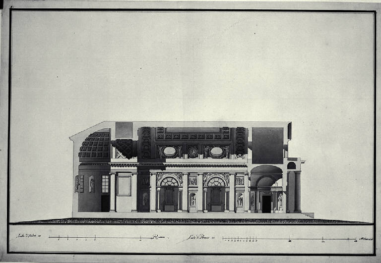 Sezione longitudinale di chiesa con pronao dorico e torri laterali (disegno) di Amati, Carlo (fine sec. XVIII)