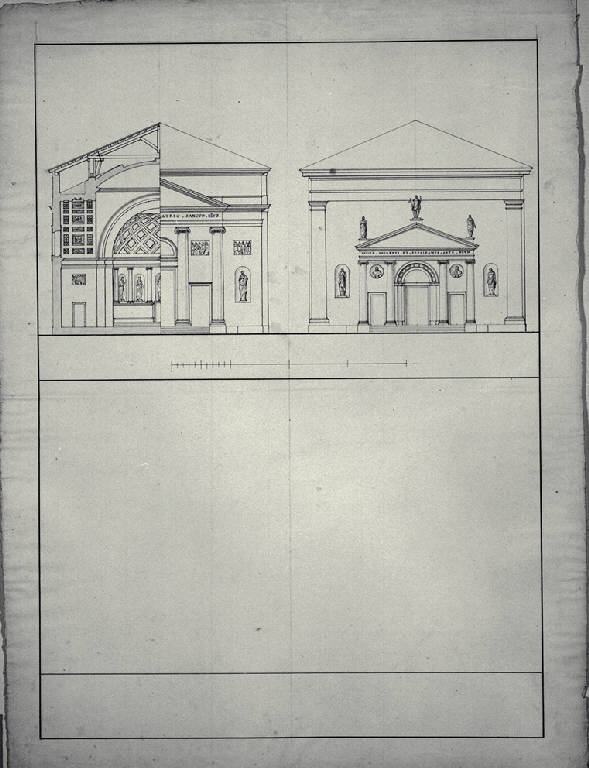 Prospetto e sezione trasversale della chiesa di S. Stefano a Capriano Brianza (disegno) di Amati, Carlo (sec. XIX)