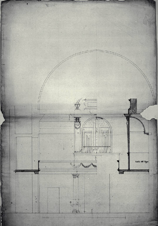 Prospetto e sezione dell'organo della chiesa di S. Michele Arcangelo a Belgioioso (disegno) di Amati, Carlo (sec. XIX)