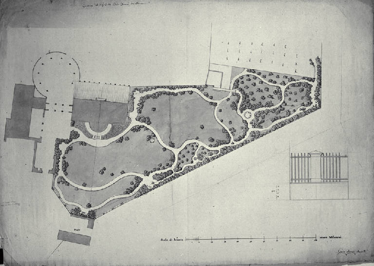 Pianta del giardino della Villa Durini (poi Frette) a Monza (disegno) di Amati, Carlo (sec. XIX)