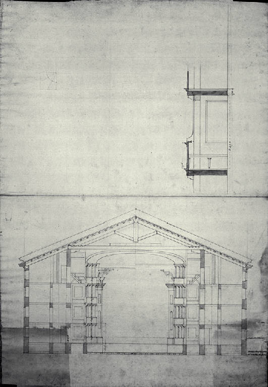 Sezione trasversale e particolare della sezione di un palchetto del Teatro di Monza (disegno) di Amati, Carlo (sec. XIX)