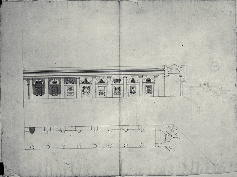 Pianta e prospetto del muro di cinta con lapidi di un cimitero (disegno) di Amati, Carlo (prima metà sec. XIX)