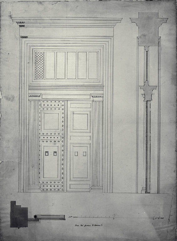 Pianta, prospetto e sezione della porta del Pantheon a Roma (disegno) di Amati, Carlo (sec. XIX)