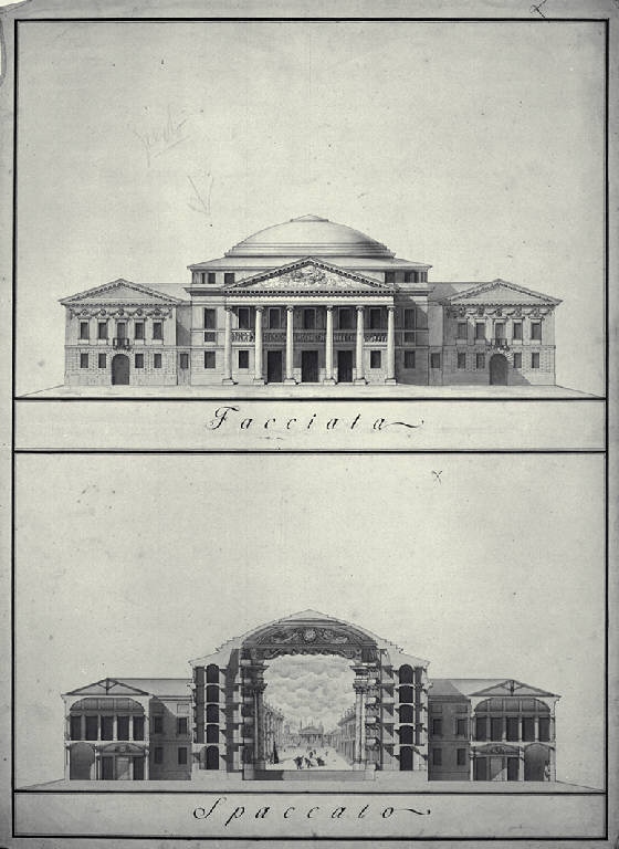 Prospetto e sezione trasversale di un teatro (disegno) di Amati, Carlo (fine sec. XVIII)