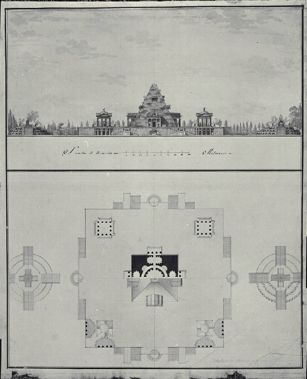 Pianta e prospetto di un cimitero (disegno) di Amati, Carlo (sec. XIX)