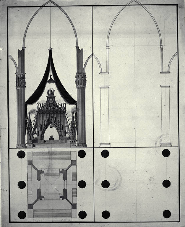 Pianta e prospetto di un catafalco (disegno) - ambito milanese (sec. XIX)