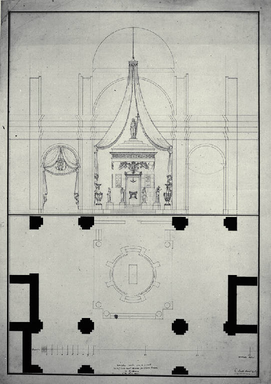 Pianta e prospetto del catafalco per il conte Giovanni Bovara a Milano (disegno) di Amati, Carlo (sec. XIX)