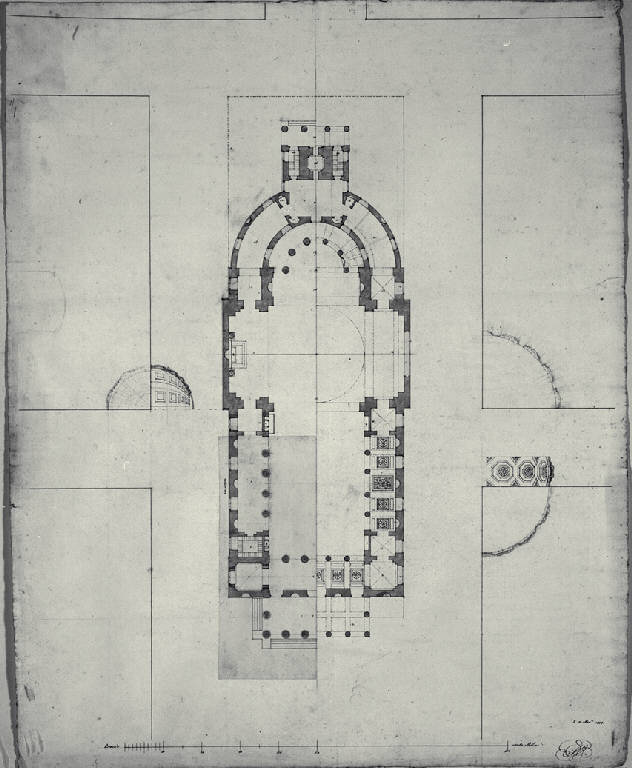 Pianta della chiesa di S. Antonio Nuovo a Trieste con dettagli dei lacunari e della cupola (disegno) di Amati, Carlo (sec. XIX)