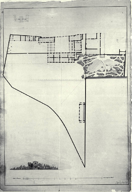 Pianta della Villa Archinto (Pennati) a Monza e prospetto del tempietto del giardino (disegno) di Amati, Carlo (sec. XIX)