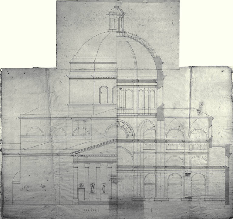 Prospetto e sezione del Duomo di Pavia (disegno) di Amati, Carlo (sec. XIX)