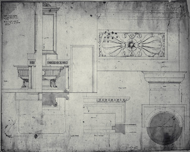 Pianta, prospetto e decorazioni dell'altare nella casa del marchese Trivulzio presso Lodi (disegno) di Amati, Carlo (sec. XIX)