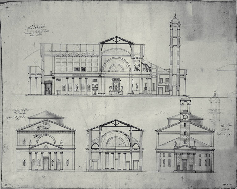 Sezione longitudinale, prospetto anteriore, sezione trasversale, prospetto posteriore della chiesa di S. Antonio Nuovo a Trieste (disegno) di Amati, Carlo (sec. XIX)