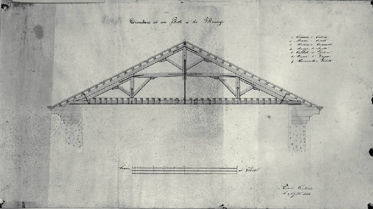 Prospetto dell'orditura di un tetto a tre monachi (disegno) di Perolini, Antonio (sec. XIX)