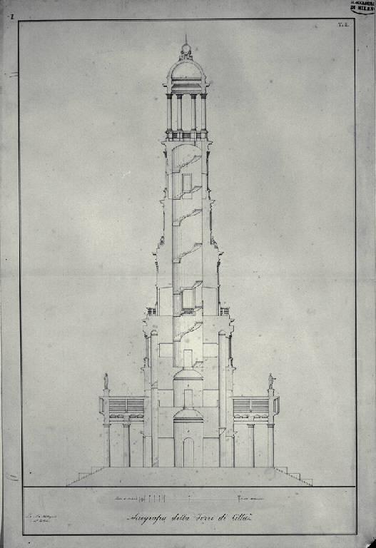 Sezione trasversale di una torre di città (disegno) di Amati, Marco (sec. XIX)
