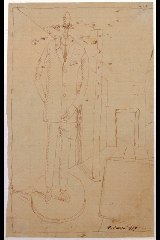 Interno con figura, Manichino nella stanza IV, Manichino indossante abito maschile (disegno) di Carrà, Carlo (sec. XX)