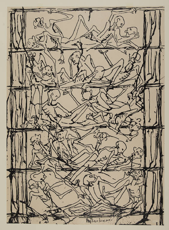 Notte a Mauthausen, Figure umane scheletriche adagiate (disegno) di Barbieri, Agostino (sec. XX)