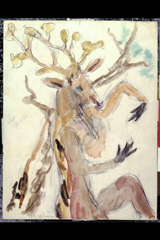 Dècor di Teresa nel bosco. n. 8 (Testa di cervo), Studio per Teresa e il grande cervo del bosco (disegno) di Tibertelli, Filippo detto De Pisis Filippo (sec. XX)