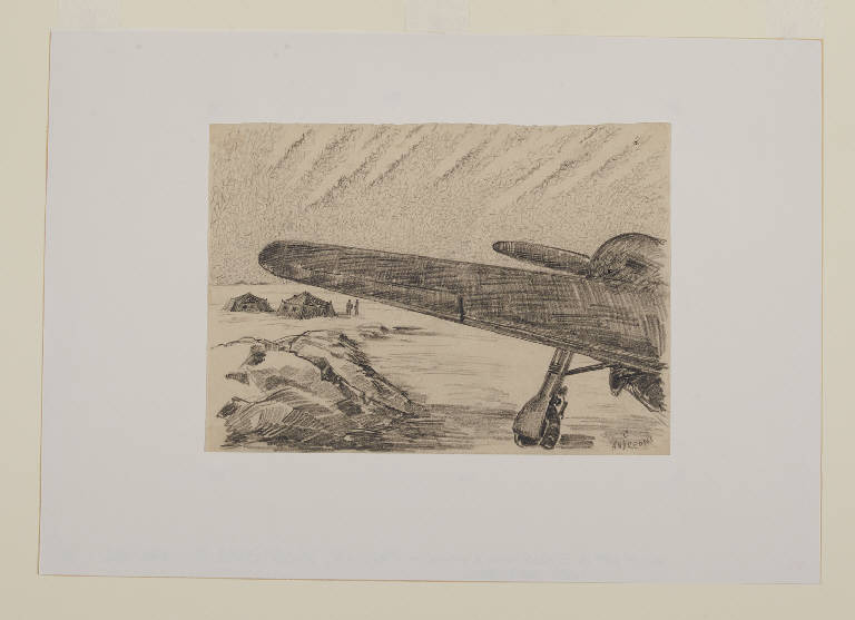 Dintorni di Dniepropetrowski. Campo di aviazione di fortuna (disegno) di Andreoni, Cesare (sec. XX)