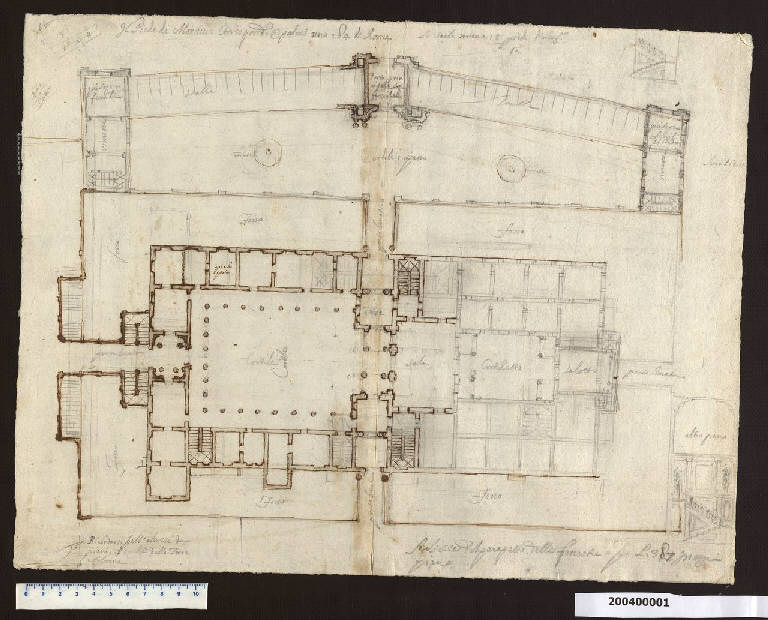 Pianta del piano terreno del castello di Austerlitz e delle scuderie, sezioni di scale (disegno) di Martinelli, Domenico (sec. XVII)