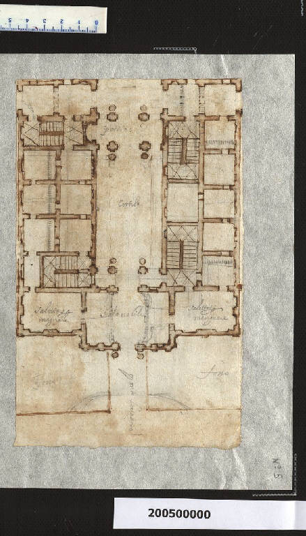 Pianta parziale del piano terreno, lato est, del castello di Austerlitz (disegno) di Martinelli, Domenico (sec. XVII)