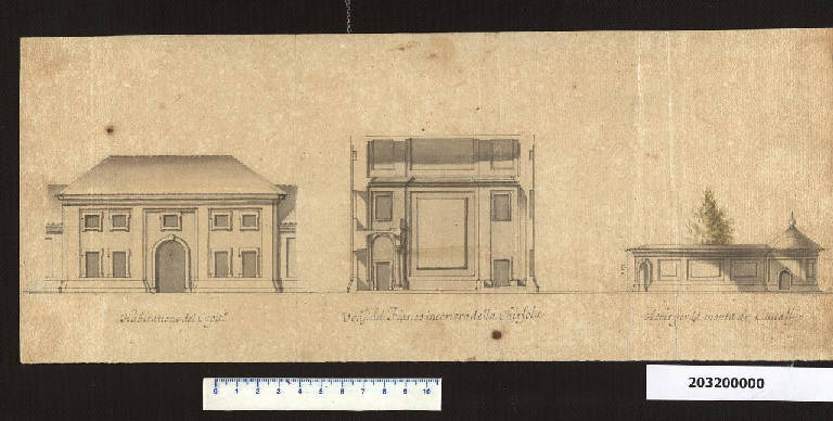 Prospetto della casa del capitano e delle stalle, sezione della cappella a Neu-Kaunitz (disegno) di Martinelli, Domenico (sec. XVII)