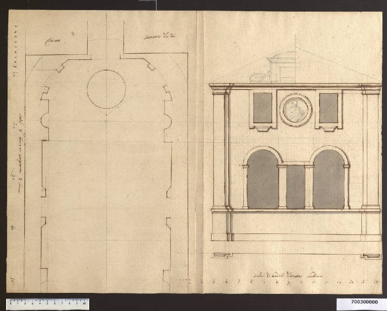 Pianta e prospetto di edificio di servizio per villa (disegno) di Martinelli, Domenico ((?)) (sec. XVIII)
