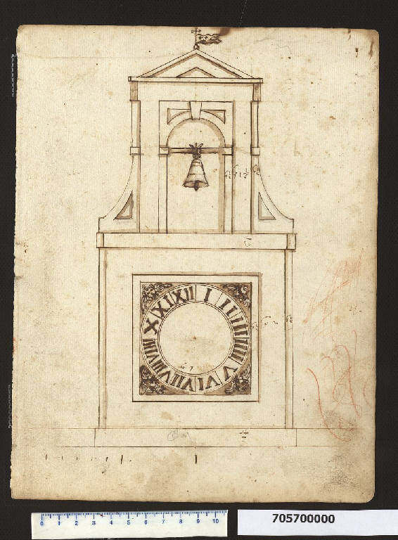 Prospetto di campanile con orologio (disegno) di Mola, Giovan Battista ((?)) (sec. XVII)