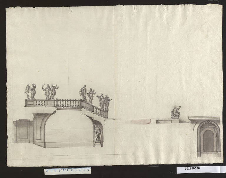 Sezione longitudinale del ponte verso il giardino del castello di Austerlitz (disegno) di Martinelli, Domenico (sec. XVII)
